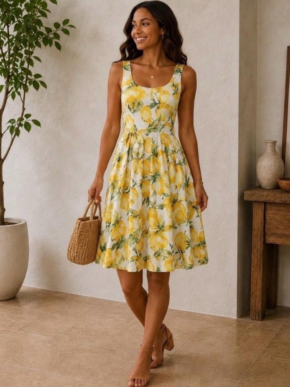 Yellow Lemon Print eyelet Sleeveless Sundress midi